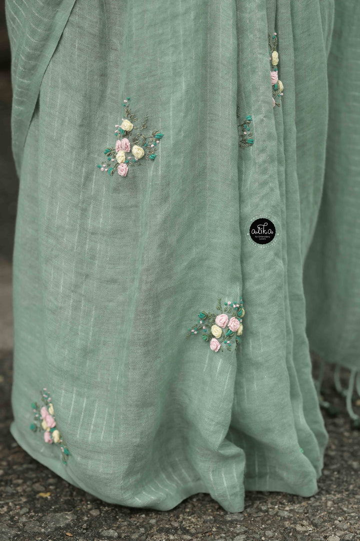 Turquoise Green Pure Linen Saree with Silver Linen Stripes &amp; Floral Hand Embroidery
