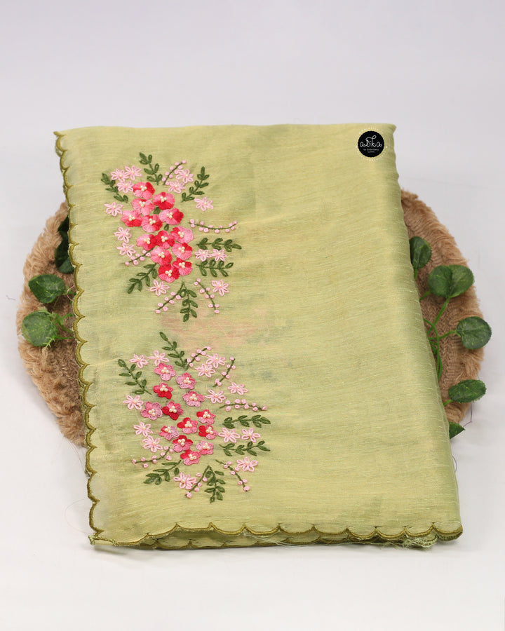 Pista Green Designer Silk Saree with Floral Hand Embroidery &amp; Bead Work