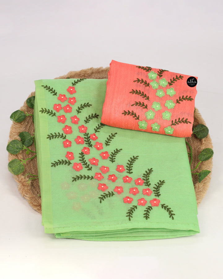 Pista Green Kota Saree with Floral Shadow Work