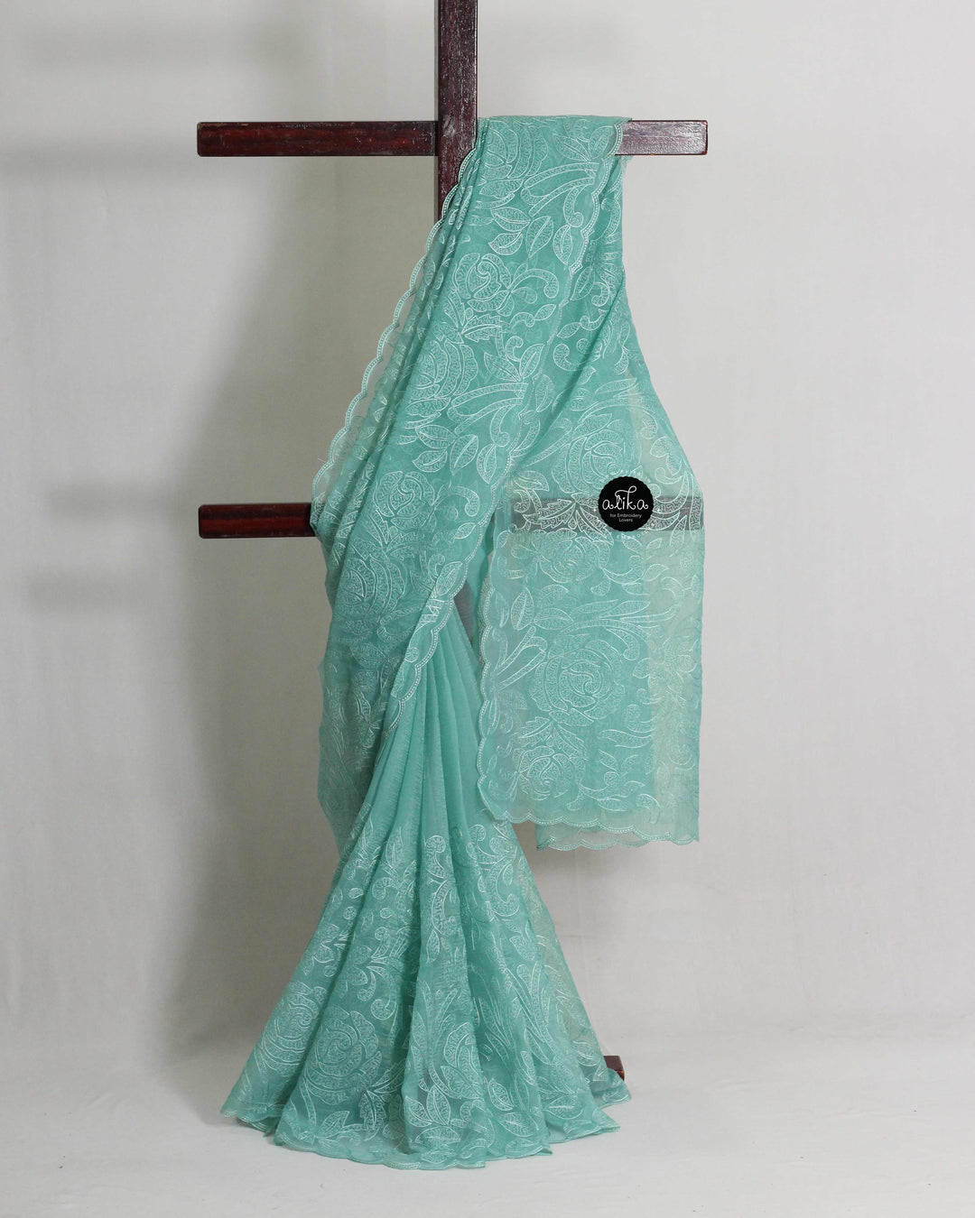 Light Aqua Green Crushed Silk Saree with Floral Machine Embroidery
