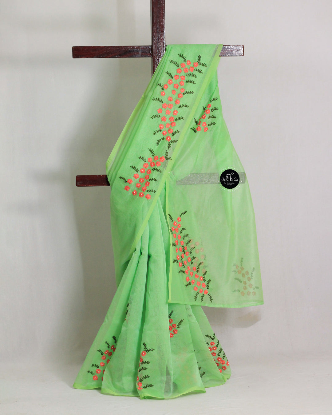 Pista Green Kota Saree with Floral Shadow Work