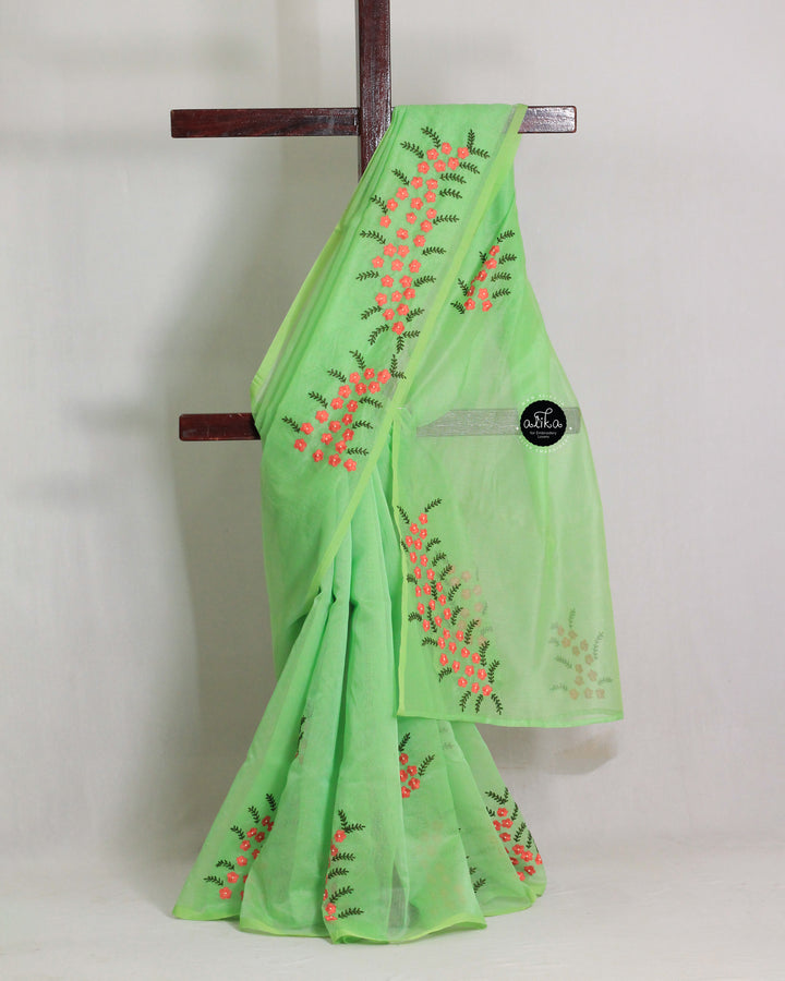 Pista Green Kota Saree with Floral Shadow Work