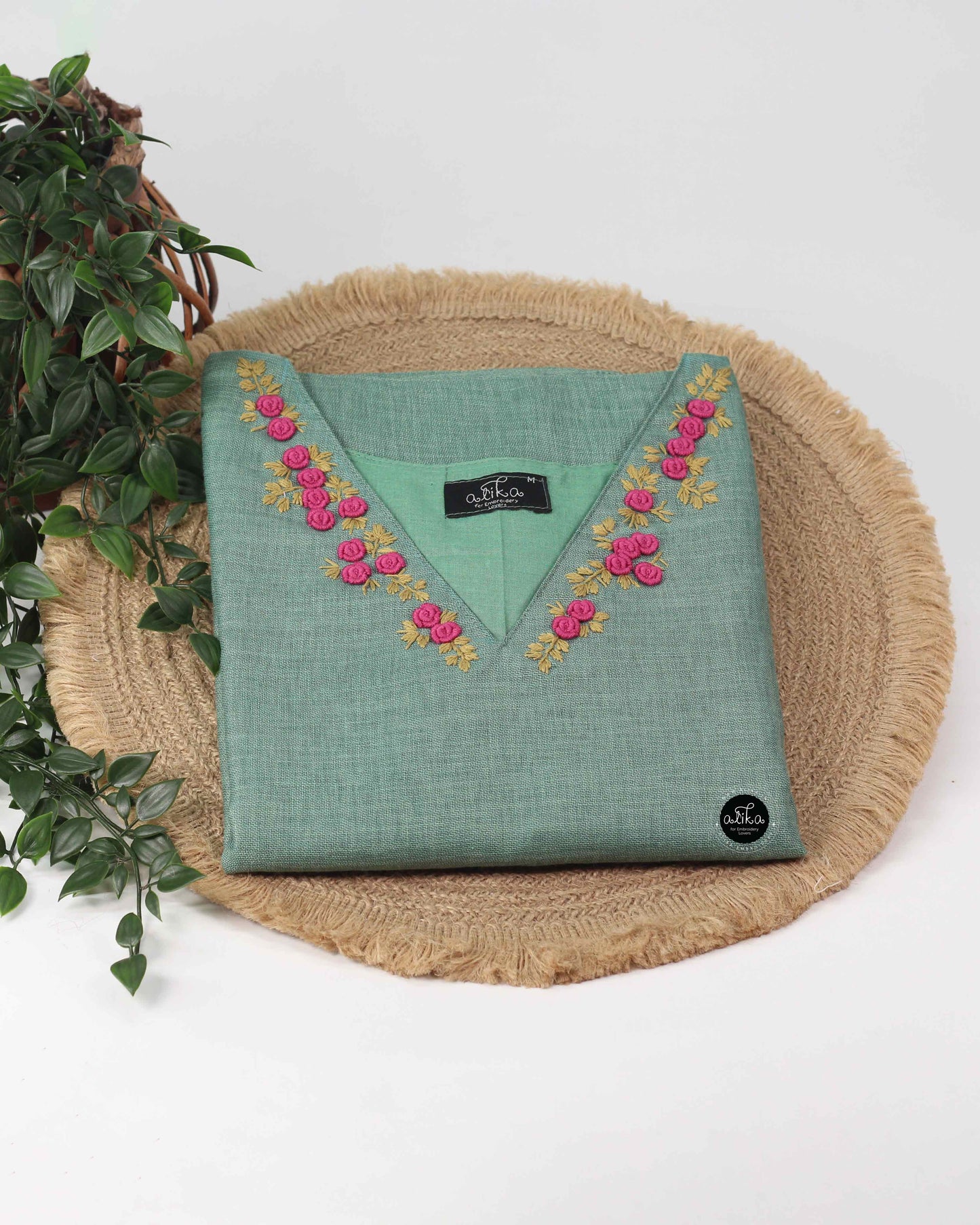 Mint Green Semi-Linen Stitched Kurti with Floral Hand Embroidery on Neckline & Sleeves