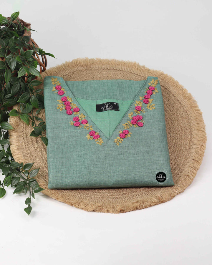 Mint Green Semi-Linen Stitched Kurti with Floral Hand Embroidery on Neckline &amp;