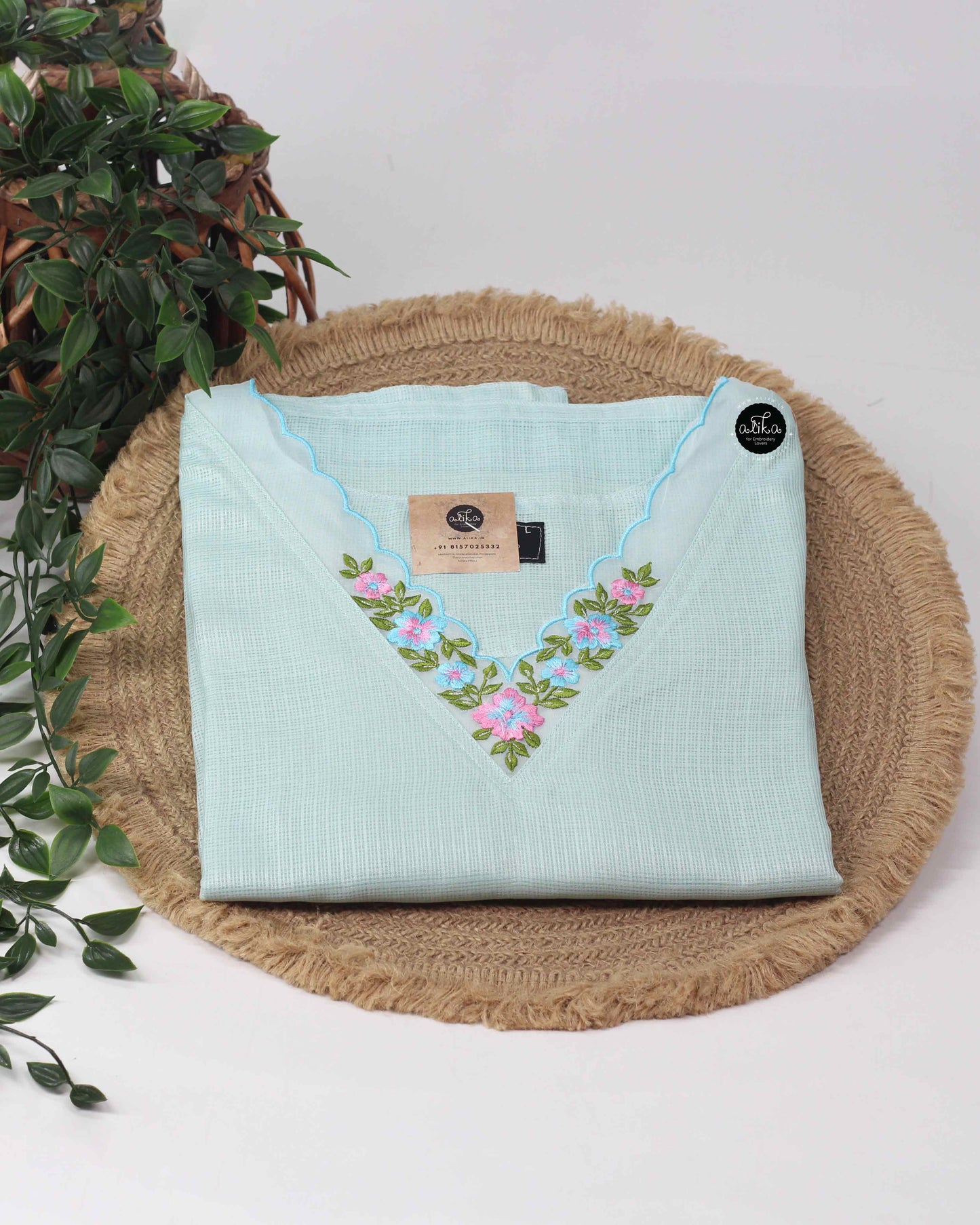 Pastel Blue Stitched kota Kurti with Floral Embroidery on Neckline & Sleeves