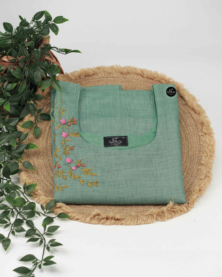 Mint Green Semi-Linen Embroidered Kurti for Women Floral Handwork