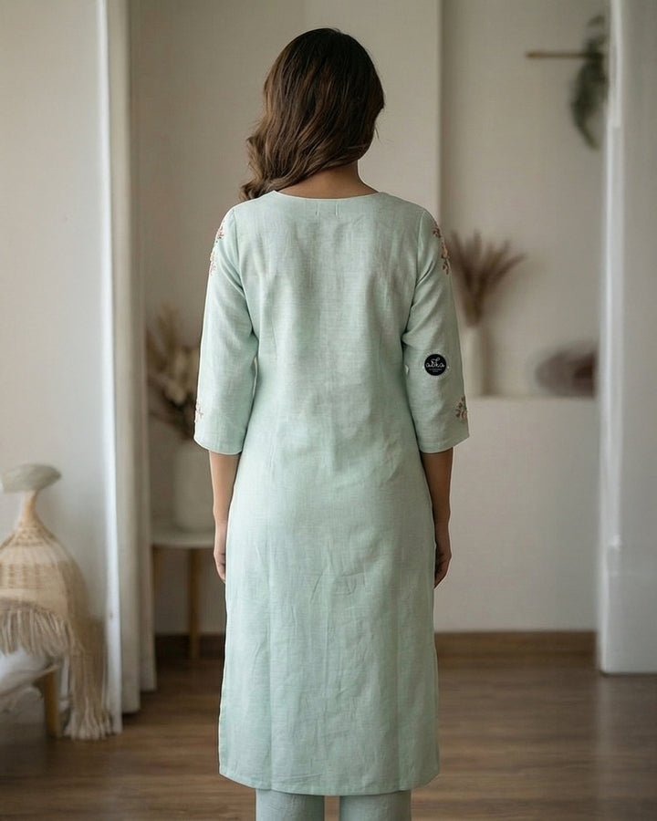 Mint green Semi-Linen Stitched Kurti with Floral Hand Embroidery on Neckline &amp;