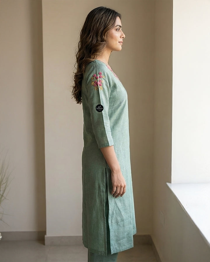 Mint Green Semi-Linen Stitched Kurti with Floral Hand Embroidery on Neckline &amp;