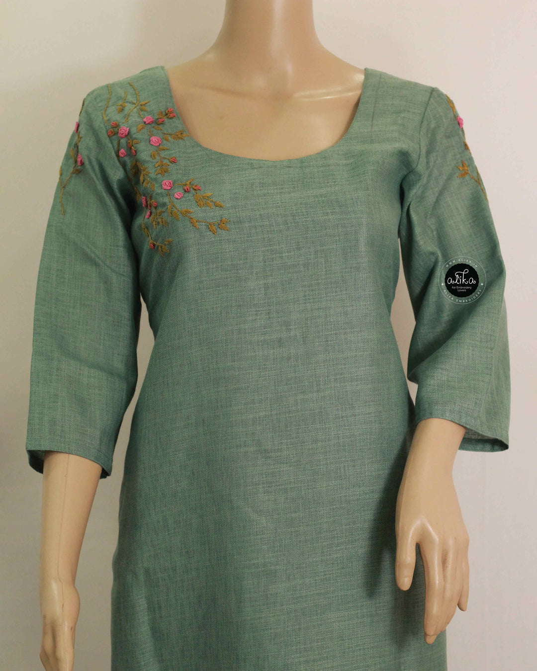 Mint Green Semi-Linen Embroidered Kurti for Women Floral Handwork