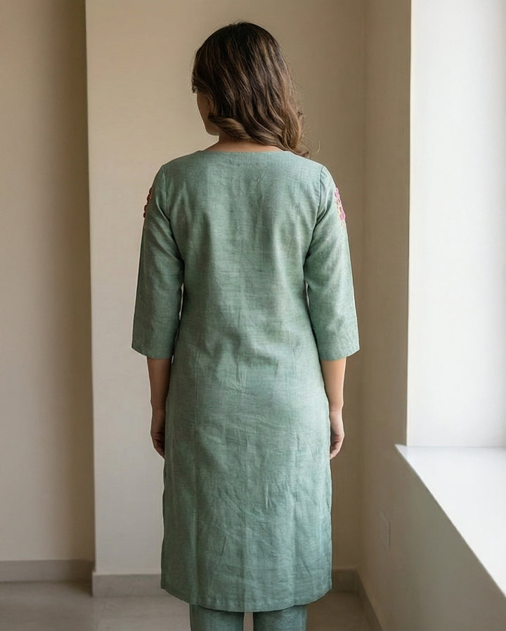 Mint Green Semi-Linen Stitched Kurti with Floral Hand Embroidery on Neckline &amp;