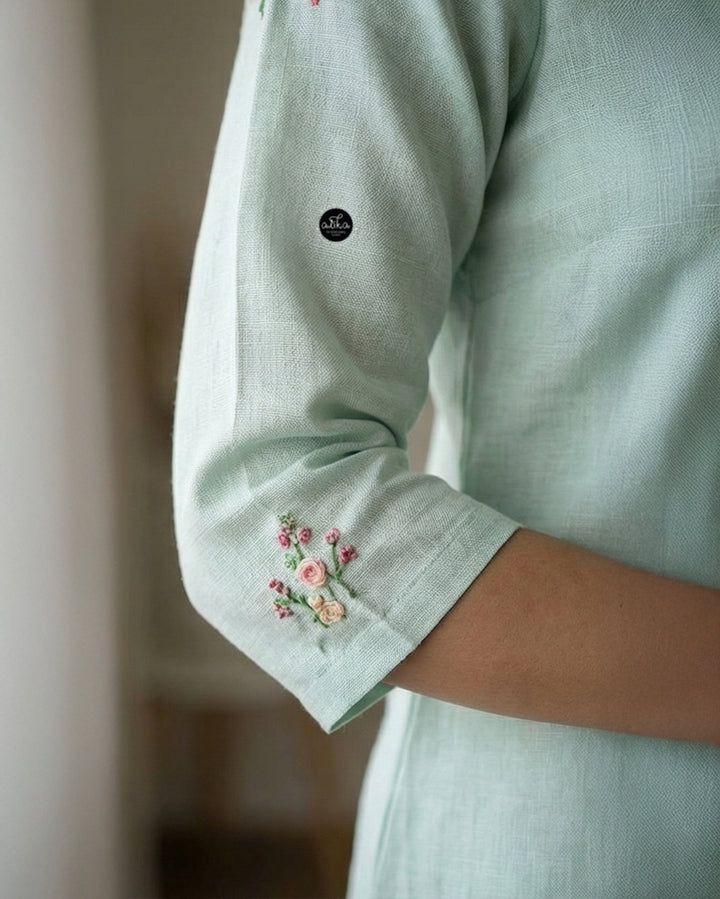 Mint green Semi-Linen Stitched Kurti with Floral Hand Embroidery on Neckline &amp;