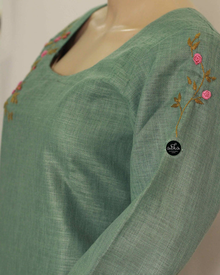Mint Green Semi-Linen Embroidered Kurti for Women Floral Handwork