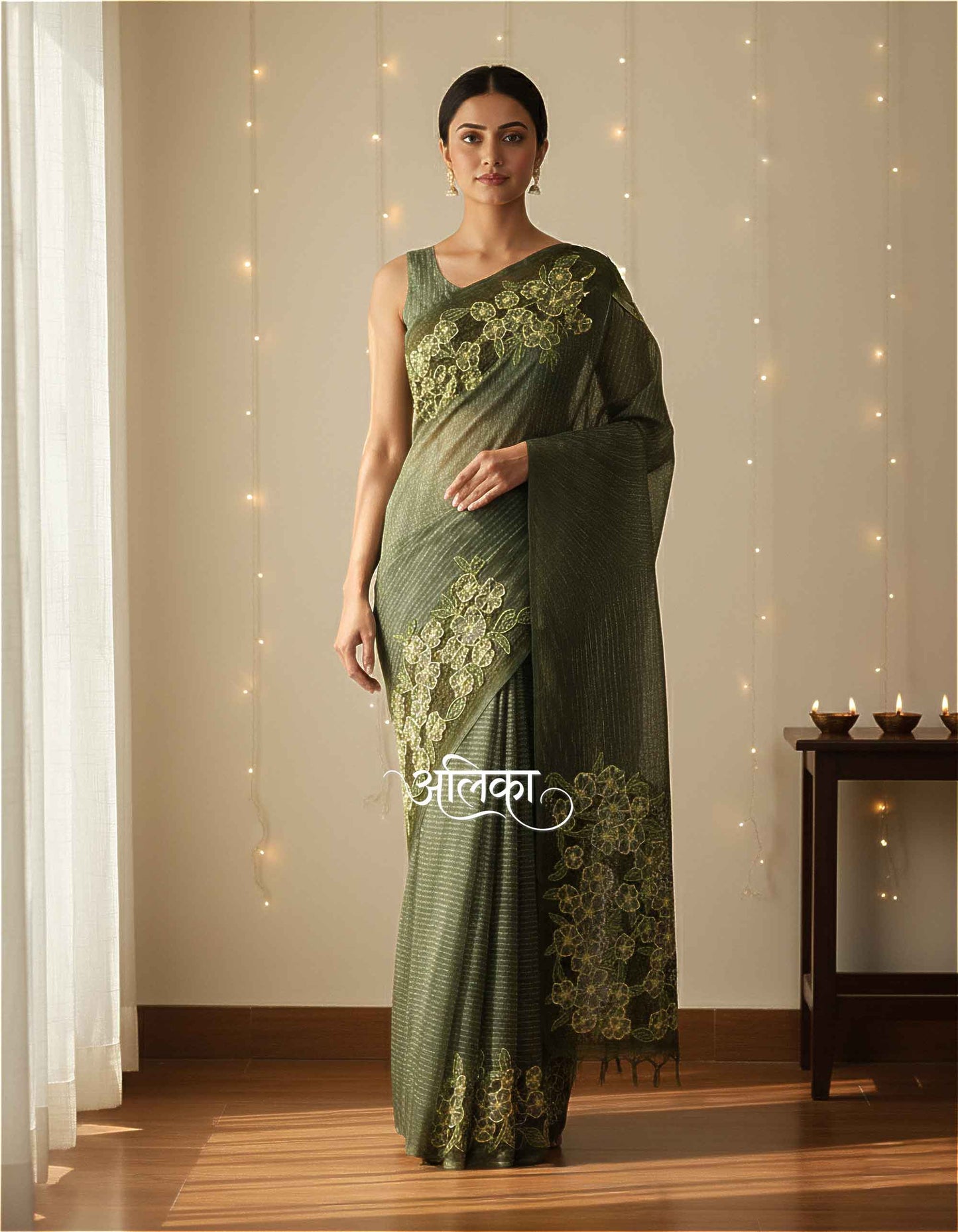 Green Tussar Silk Saree with Floral Twine Cutwork
