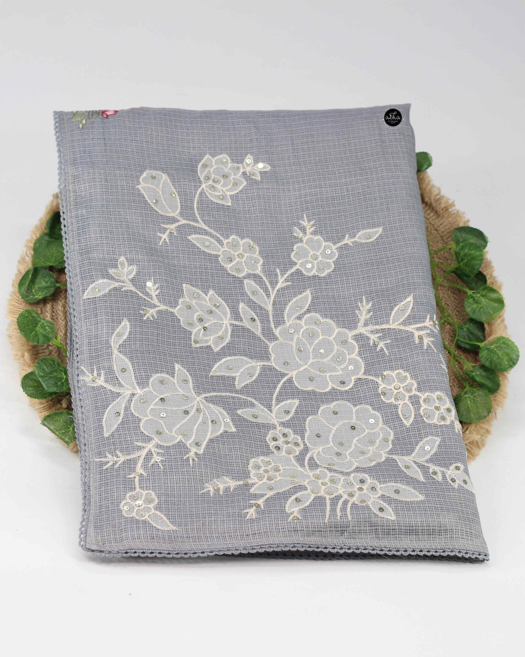 Gray Silky Kota Saree with Floral Machine Embroidery &amp; Sequin Work