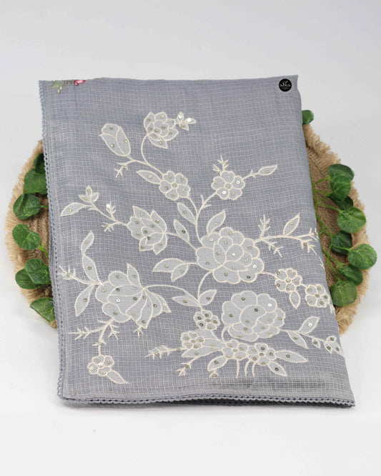 Gray Silky Kota Saree with Floral Machine Embroidery & Sequin Work
