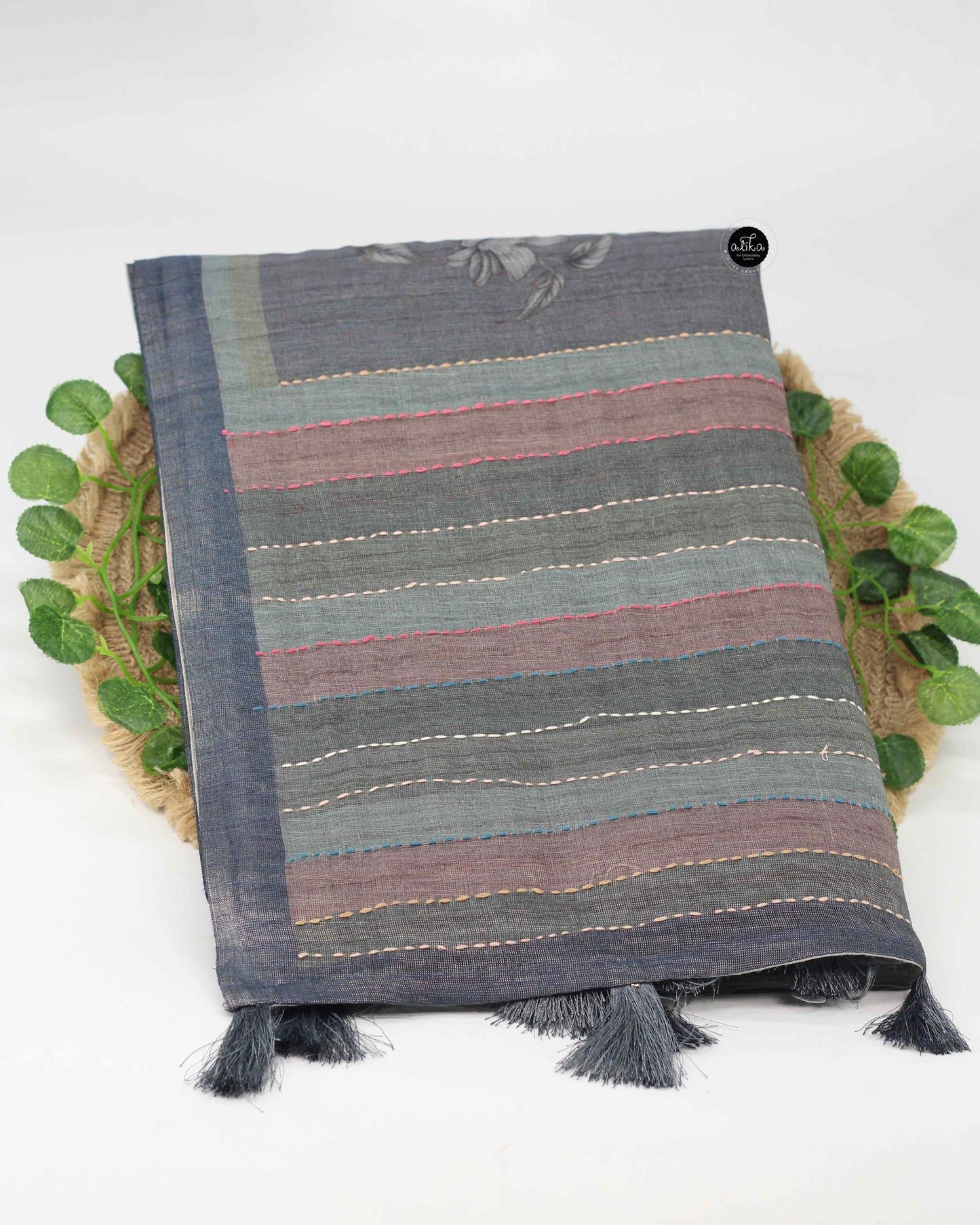 Gray Linen Tissue Saree with Floral Prints & Kantha Work – Handcrafted Elegance