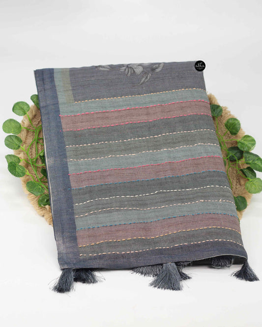 Gray Linen Tissue Saree with Floral Prints & Kantha Work – Handcrafted Elegance