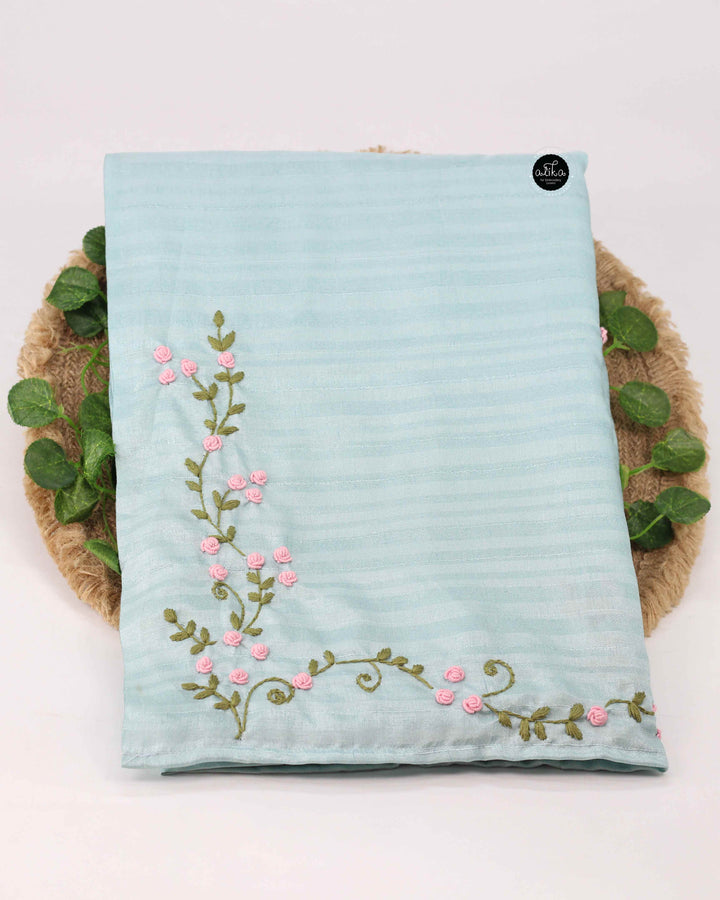 Pastel Blue Semi Silk Saree with Floral Hand Embroidery