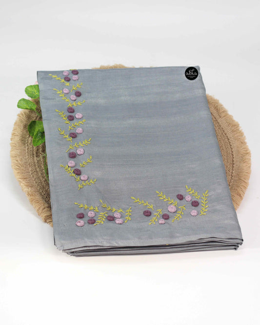 Gray Semi Silk Saree with Floral Hand Embroidery