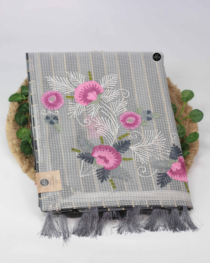 Light Grey Kota Saree With Floral Machine Embroidery And Dark Gray Blouse Material
