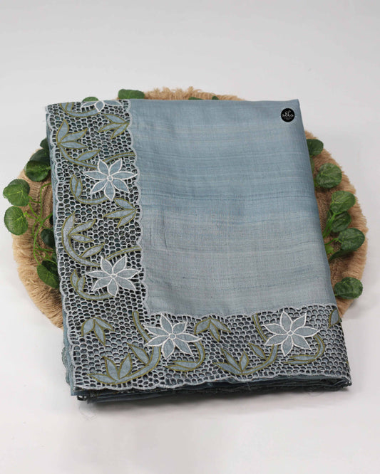Soft Blue Pure Tussar Silk Saree with Twine Cutwork Border