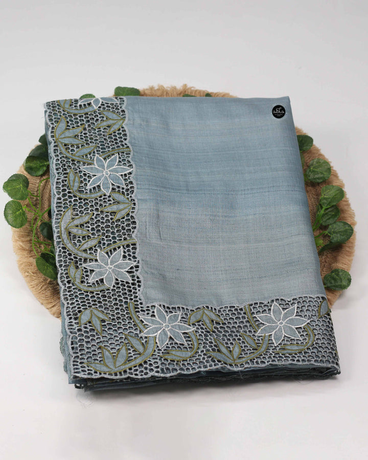 Soft Blue Pure Tussar Silk Saree with Twine Cutwork Border