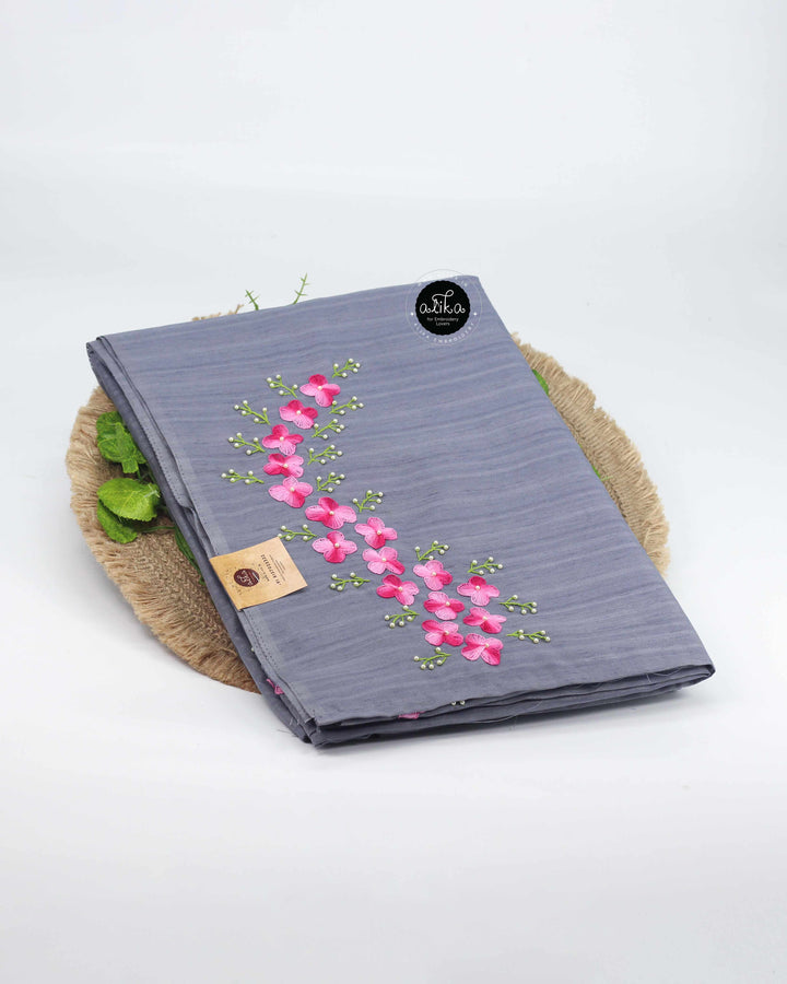 Lavender Grey Semi Silk Saree with Floral Hand Embroidery &amp; Bead Work