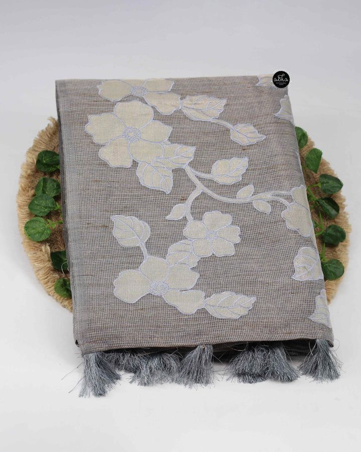 Grey Blue Semi Tissue Saree with Floral Appliqué Work