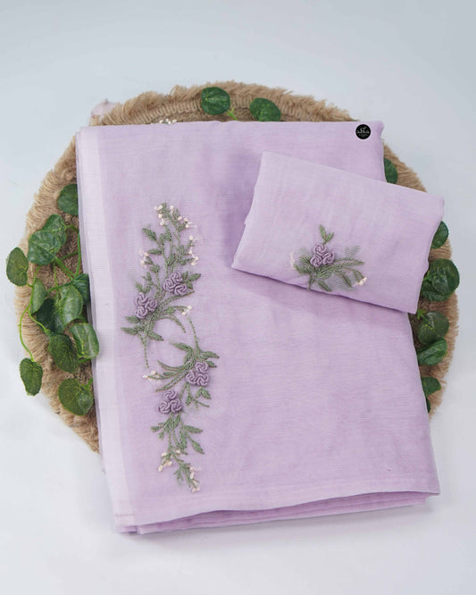 Lavender Kota Saree with Floral Hand Embroidery