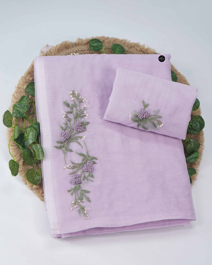 Lavender Kota Saree with Floral Hand Embroidery