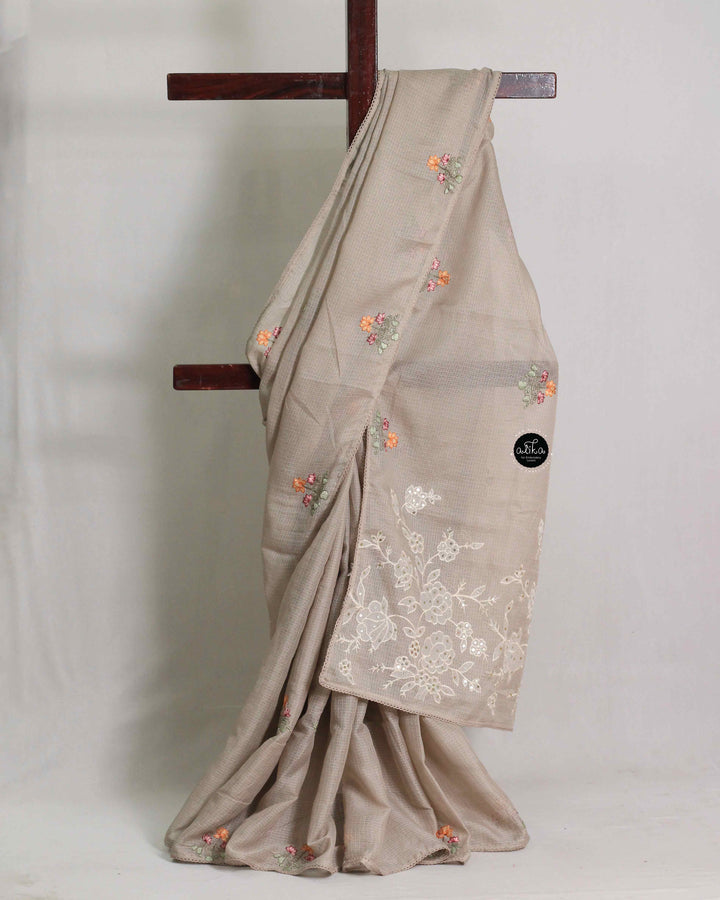 Tan Beige Silky Kota Saree with Floral Machine Embroidery &amp; Sequin Work