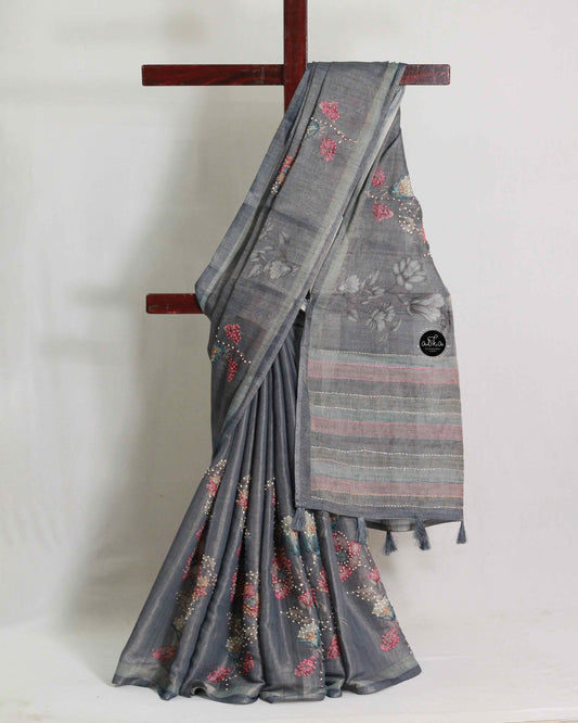 Gray Linen Tissue Saree with Floral Prints & Kantha Work – Handcrafted Elegance