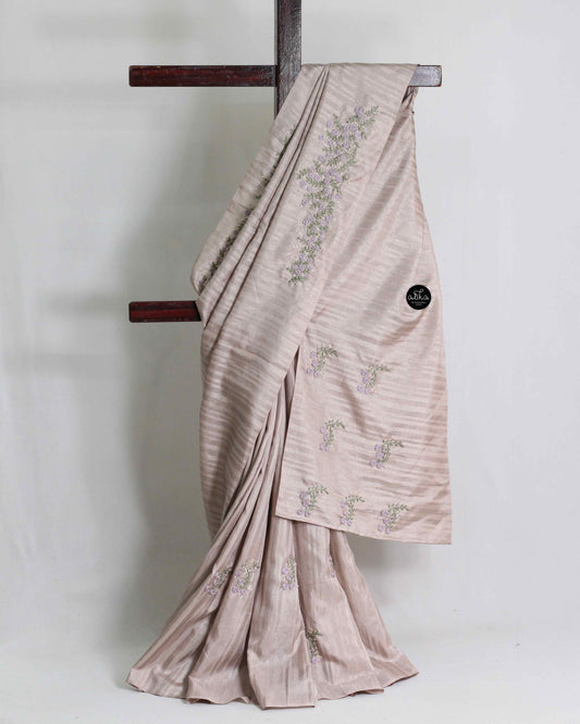 Lavender Mist Semi Silk Saree with Floral Hand Embroidery – Elegant Party Wear
