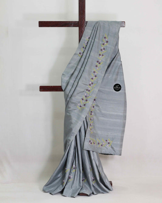 Gray Semi Silk Saree with Floral Hand Embroidery