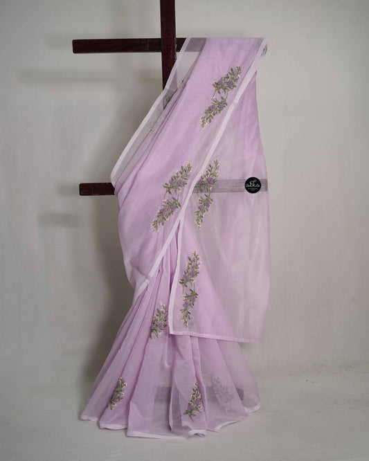 Lavender Kota Saree with Floral Hand Embroidery