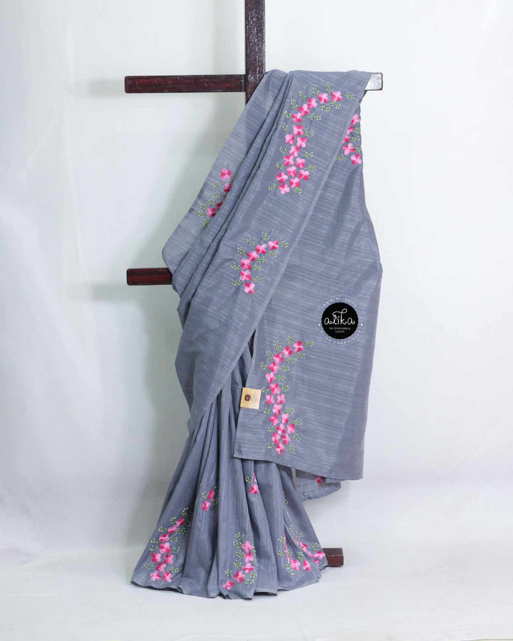 Lavender Grey Semi Silk Saree with Floral Hand Embroidery &amp; Bead Work