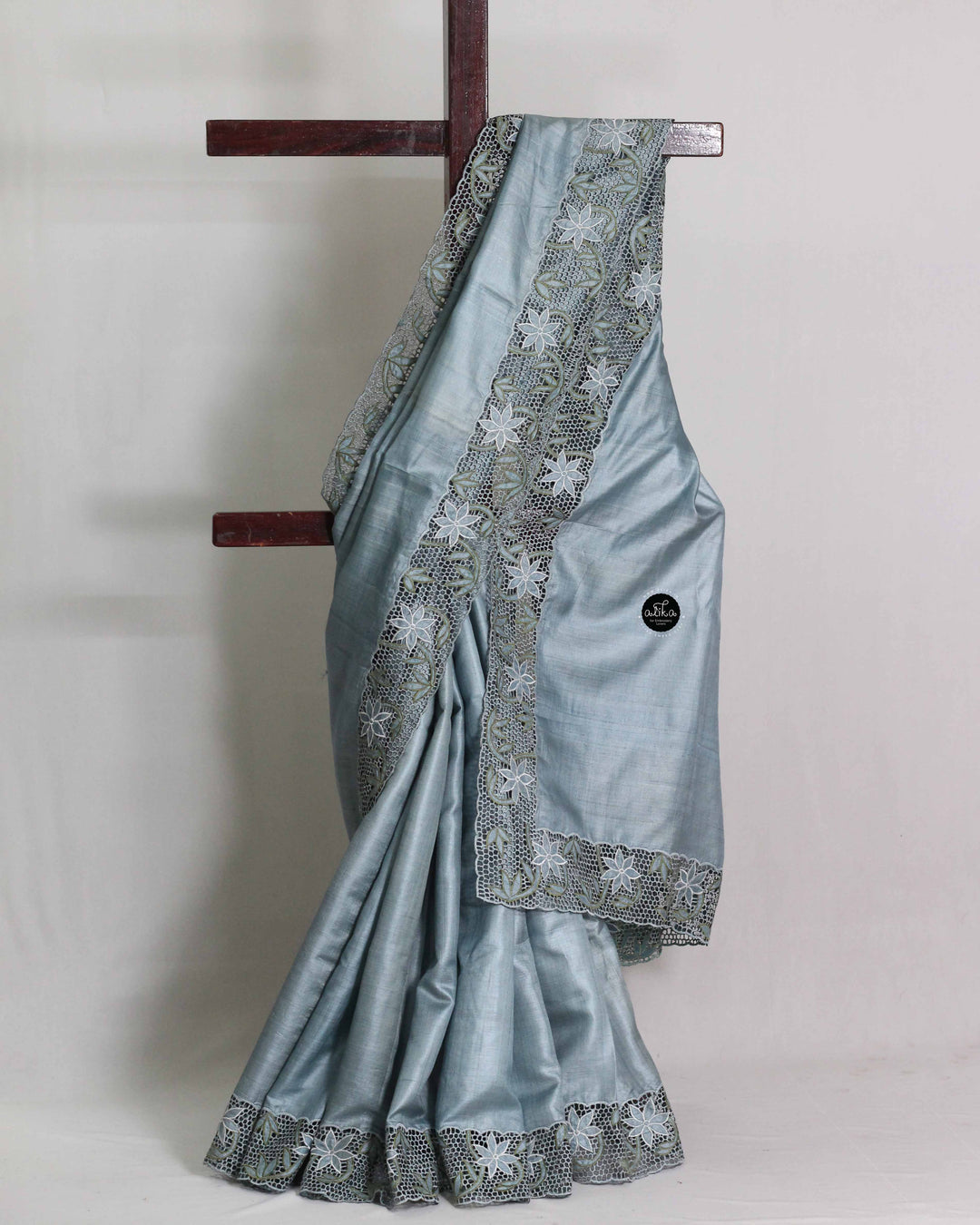 Soft Blue Pure Tussar Silk Saree with Twine Cutwork Border