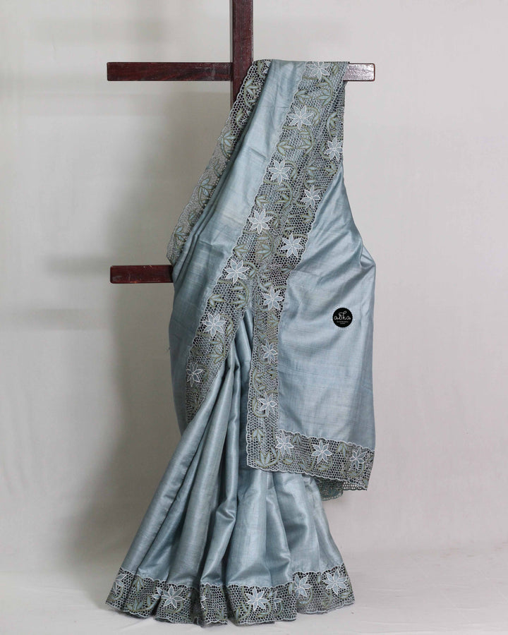Soft Blue Pure Tussar Silk Saree with Twine Cutwork Border