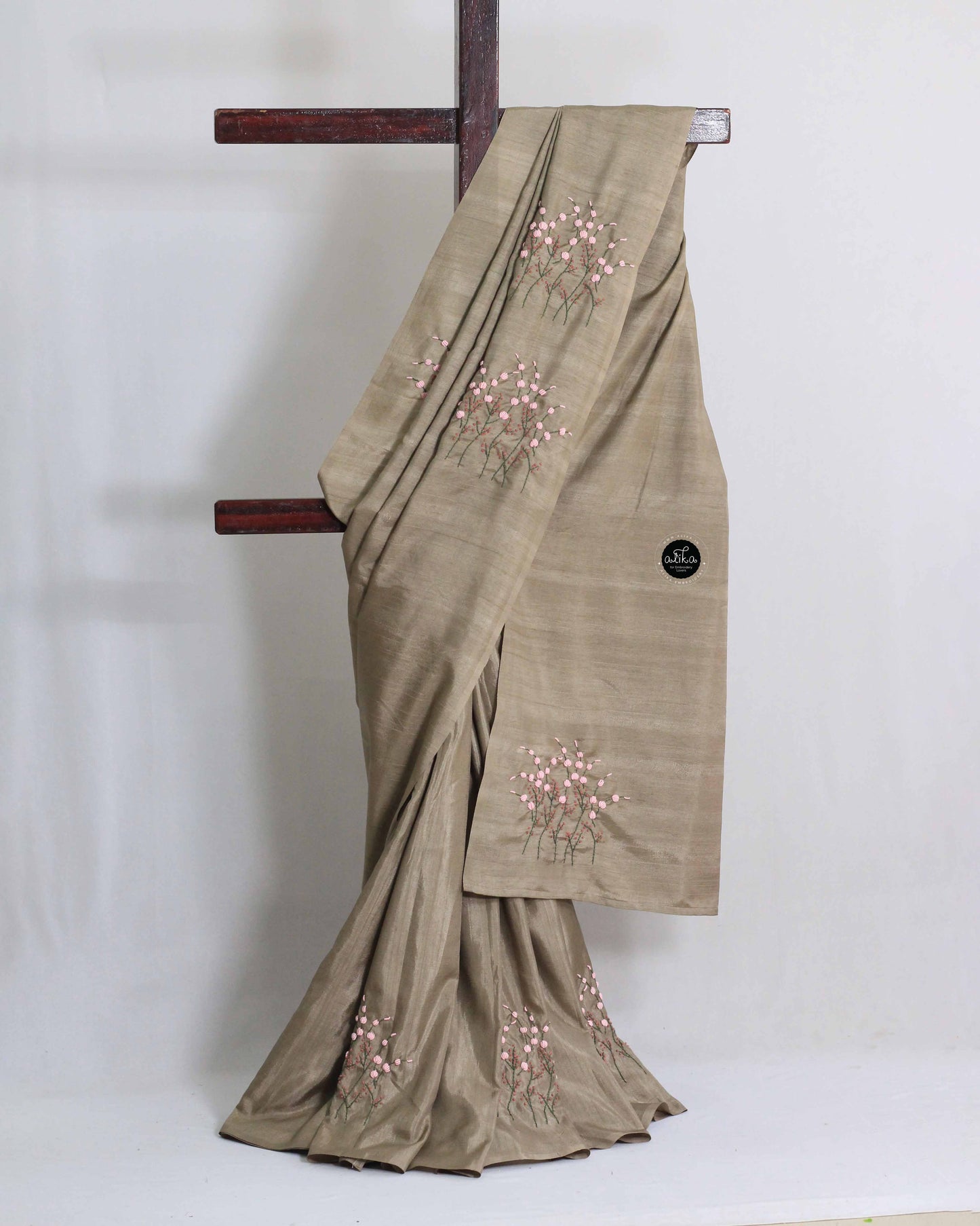 Bronze Olive Semi Silk Saree with Floral Hand Embroidery