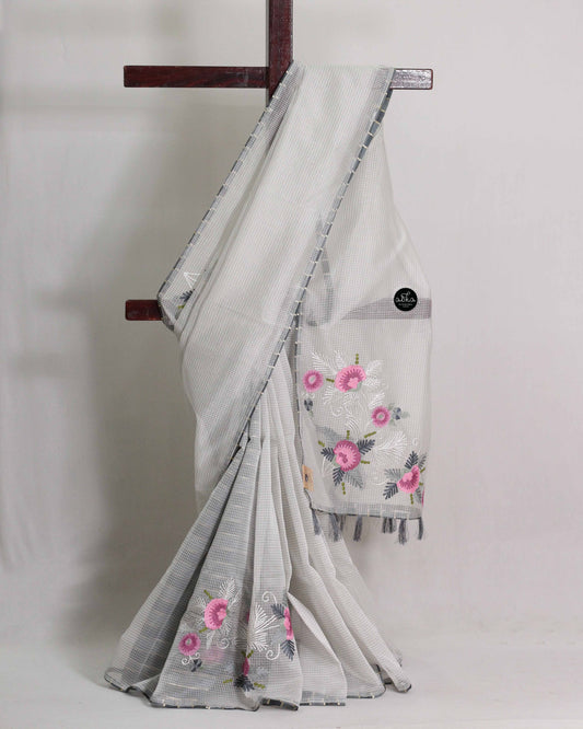 Light Grey Kota Saree With Floral Machine Embroidery And Dark Gray Blouse Material