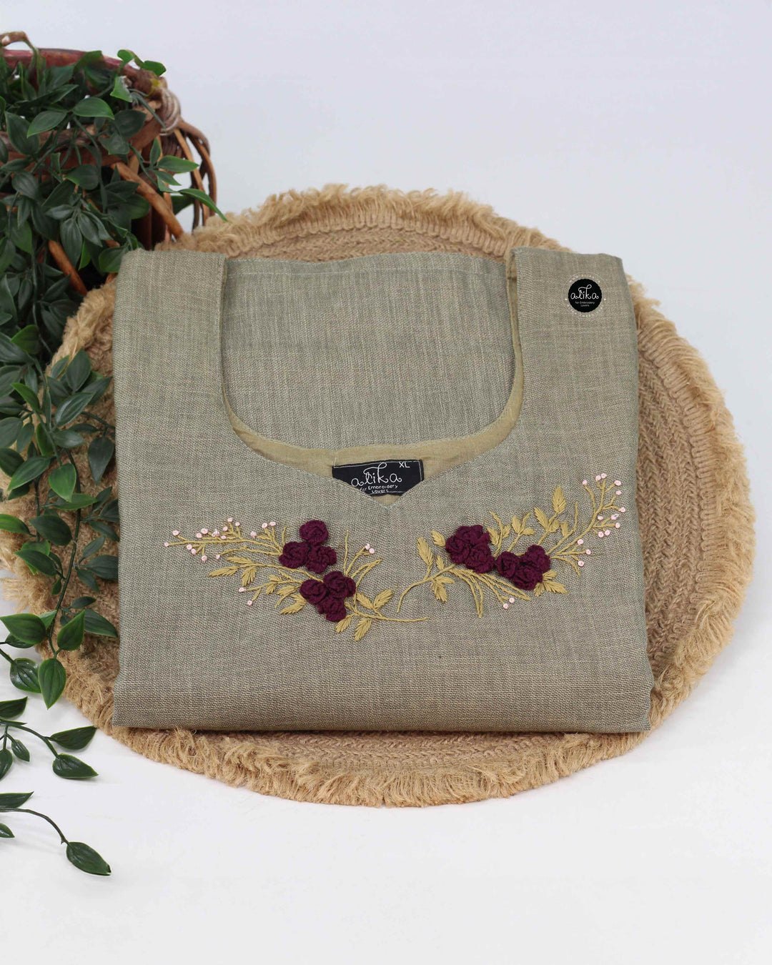 Light Olive Green Semi-Linen Stitched Kurti with Floral Hand Embroidery on Neckline &amp; Sleeves