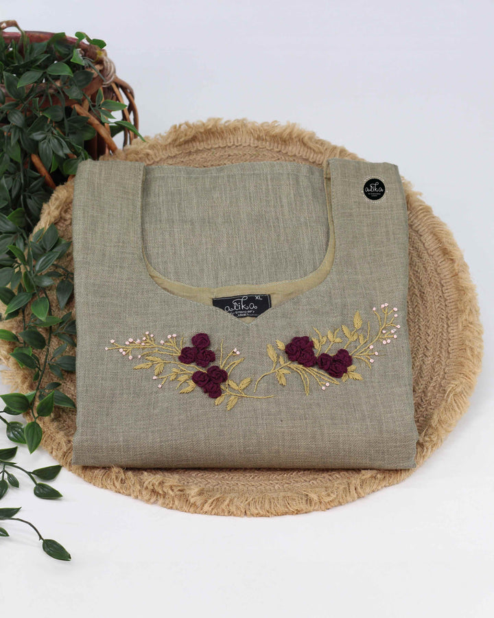 Light Olive Green Semi-Linen Stitched Kurti with Floral Hand Embroidery on Neckline &amp; Sleeves