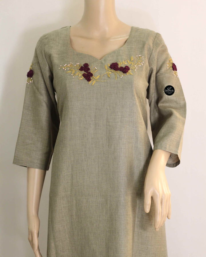 Light Olive Green Semi-Linen Stitched Kurti with Floral Hand Embroidery on Neckline &amp; Sleeves
