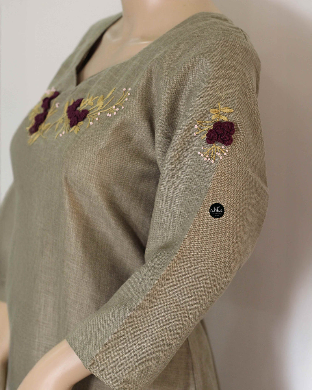 Light Olive Green Semi-Linen Stitched Kurti with Floral Hand Embroidery on Neckline &amp; Sleeves