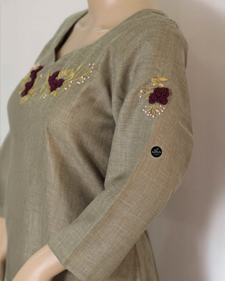 Light Olive Green Semi-Linen Stitched Kurti with Floral Hand Embroidery on Neckline &amp; Sleeves