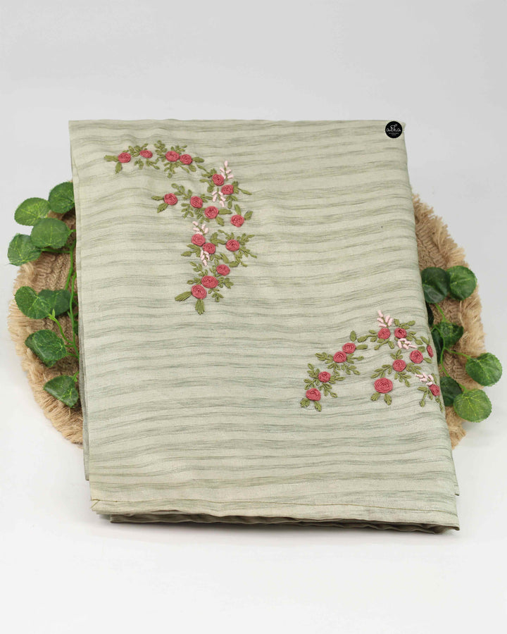 Greenish Gray Semi Silk Saree with Floral Hand Embroidery – Timeless Elegance