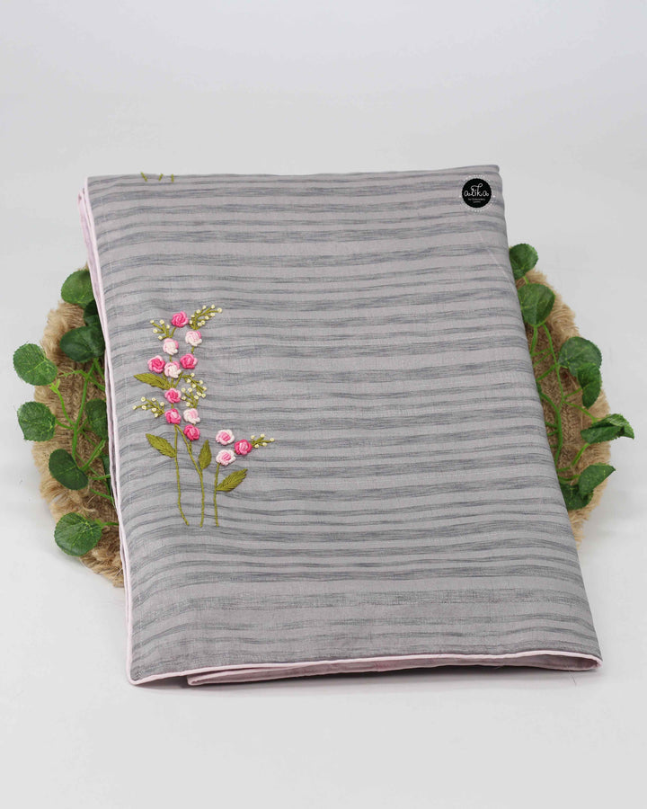 Light Gray Semi Silk Saree with Floral Hand Embroidery