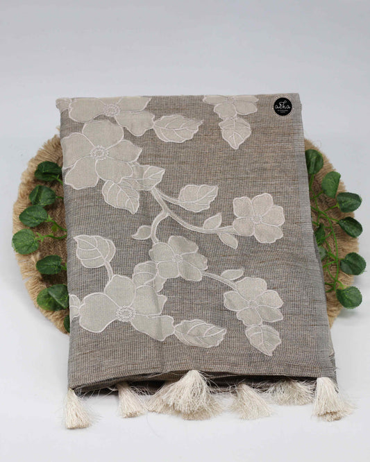 Grey Semi Tissue Saree with Floral Appliqué Work – Luxury Designer Wear