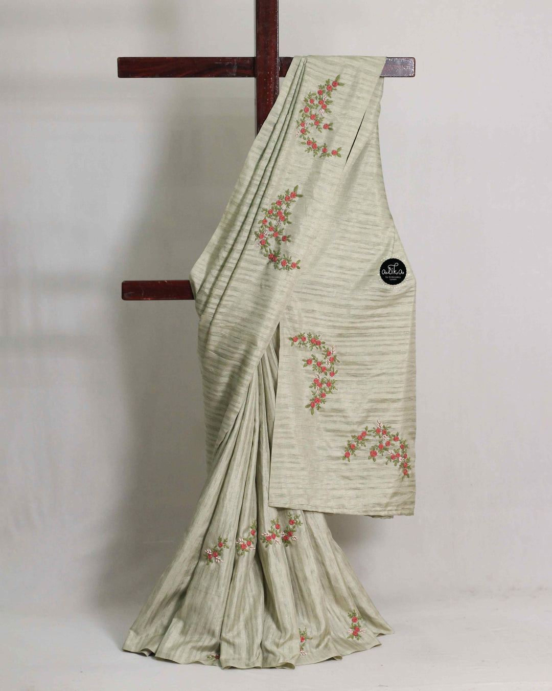 Greenish Gray Semi Silk Saree with Floral Hand Embroidery – Timeless Elegance