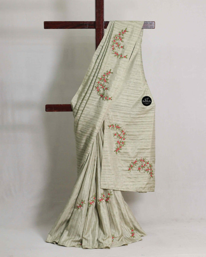 Greenish Gray Semi Silk Saree with Floral Hand Embroidery – Timeless Elegance
